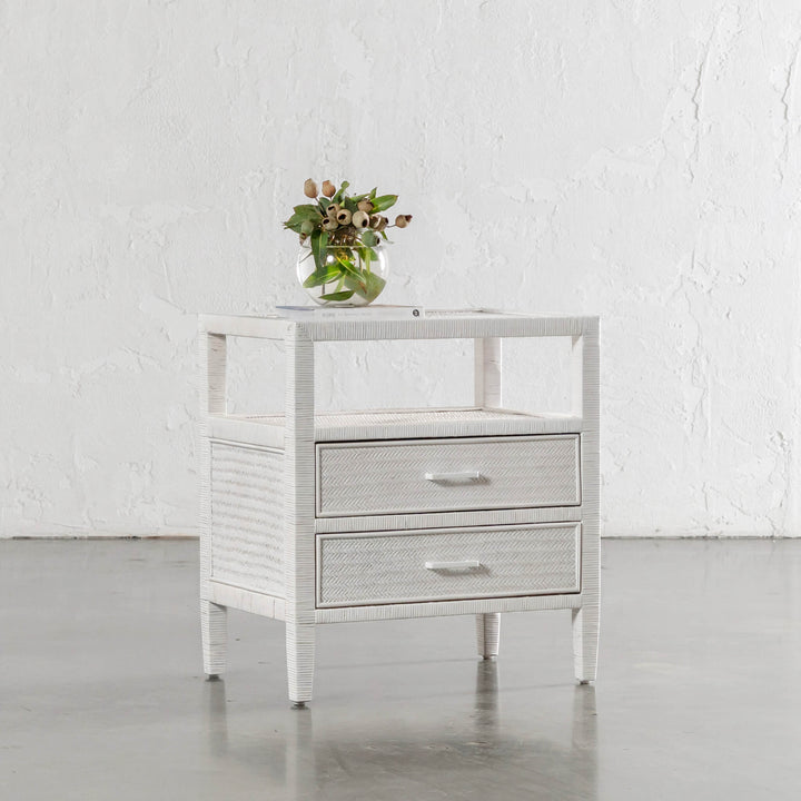 SAN AUGUSTINE RATTAN HERRING WEAVE  |  NIGHTSTAND DOUBLE DRAWER  |  LIMED WHITE RATTAN