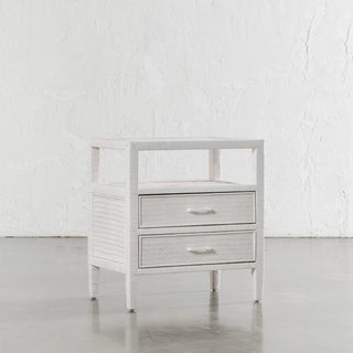 SAN AUGUSTINE RATTAN HERRING WEAVE  |  NIGHTSTAND DOUBLE DRAWER  |  LIMED WHITE RATTAN