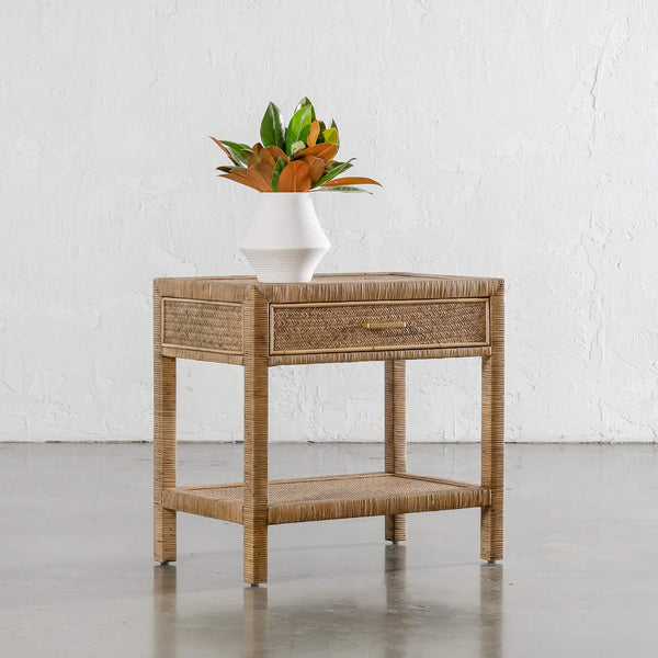 SAN AUGUSTINE RATTAN HERRING WEAVE  |  NIGHTSTAND SINGLE DRAWER  |  NATURAL RATTAN