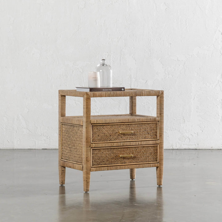 SAN AUGUSTINE RATTAN HERRING WEAVE  |  NIGHTSTAND DOUBLE DRAWER  |  NATURAL RATTAN