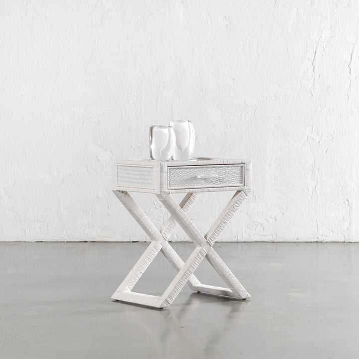 SAN AUGUSTINE RATTAN HERRING WEAVE  |  CROSS LEG BEDSIDE  |  LIMED WHITE RATTAN
