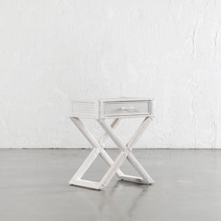 SAN AUGUSTINE RATTAN HERRING WEAVE  |  CROSS LEG BEDSIDE  |  LIMED WHITE RATTAN