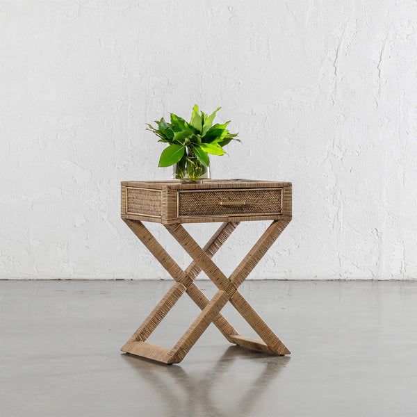 SAN AUGUSTINE RATTAN HERRING WEAVE  |  CROSS LEG BEDSIDE  |  NATURAL RATTAN