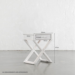 SAN AUGUSTINE RATTAN HERRING WEAVE  |  CROSS LEG BEDSIDE  |  LIMED WHITE RATTAN | MEASUREMENTS