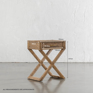 SAN AUGUSTINE RATTAN HERRING WEAVE  |  CROSS LEG BEDSIDE  |  NATURAL RATTAN | MEASUREMENTS