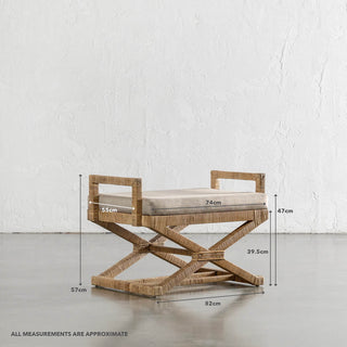 SAN AUGUSTINE RATTAN HERRING WEAVE  |  CROSS LEG STOOL WITH PADDED SEAT  |  NATURAL RATTAN | MEASUREMENTS