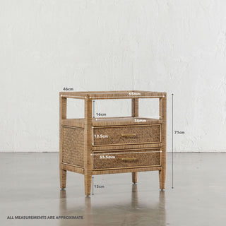 SAN AUGUSTINE RATTAN HERRING WEAVE  |  NIGHTSTAND DOUBLE DRAWER  |  NATURAL RATTAN | MEASUREMENTS