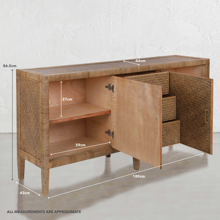SAN AUGUSTINE RATTAN HERRING WEAVE  |  SIDEBOARD 180CM  |  NATURAL RATTAN | MEASUREMENTS