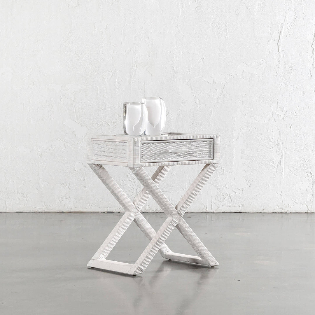 SAN AUGUSTINE RATTAN HERRING WEAVE  |  CROSS LEG BEDSIDE  |  LIMED WHITE RATTAN