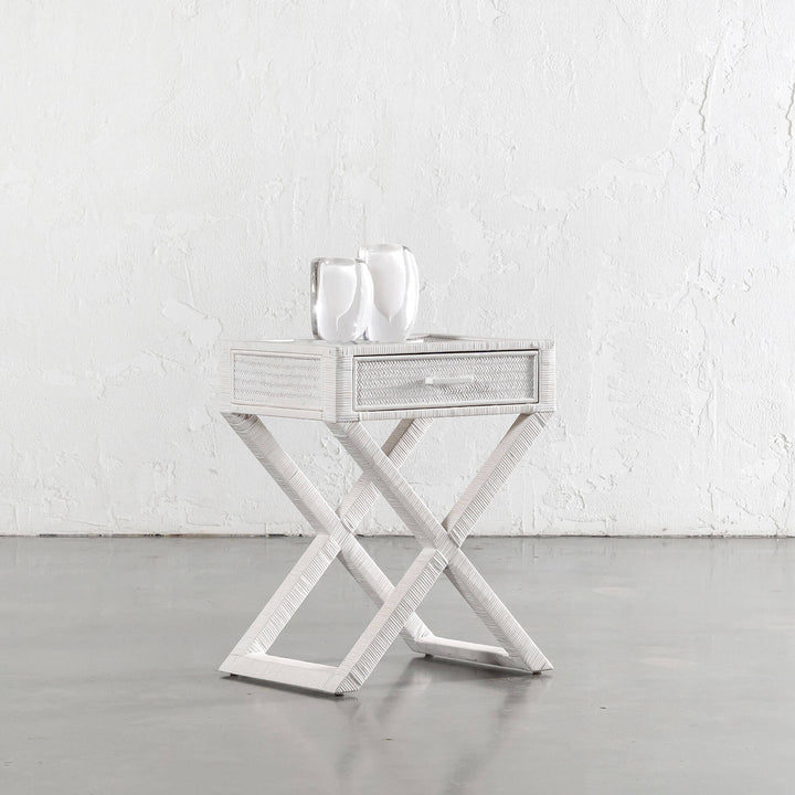SAN AUGUSTINE RATTAN HERRING WEAVE  |  CROSS LEG BEDSIDE  |  LIMED WHITE RATTAN