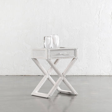 SAN AUGUSTINE RATTAN HERRING WEAVE  |  CROSS LEG BEDSIDE  |  LIMED WHITE RATTAN