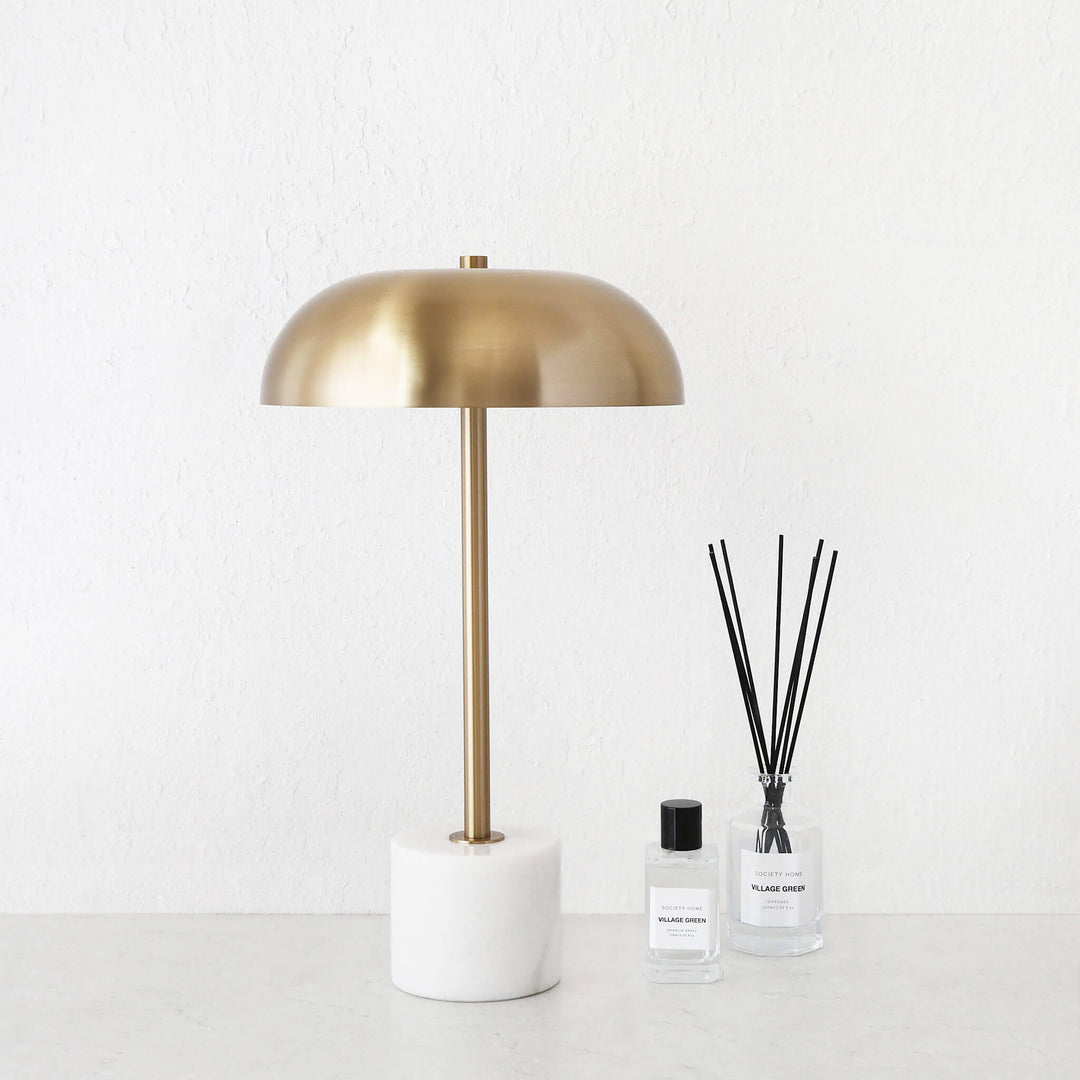 SAN LOURENCA MARBLE TABLE LAMP  |  ANTIQUE BRASS SHADE + WHITE MARBLE