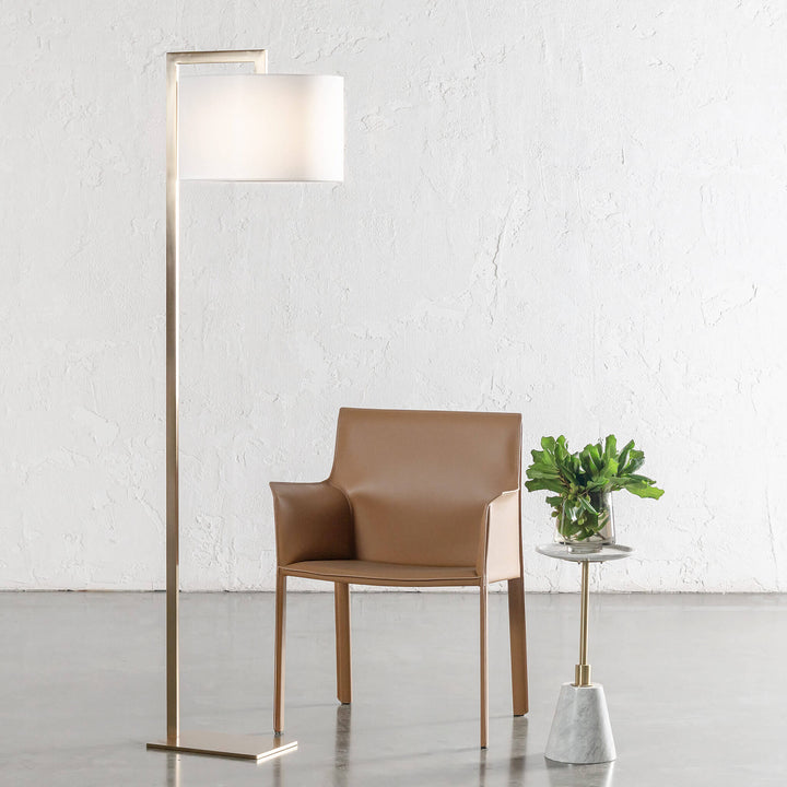 SANTANA FLOOR LAMP  |  175CM  |  ANTIQUE BRASS + WHITE LINEN