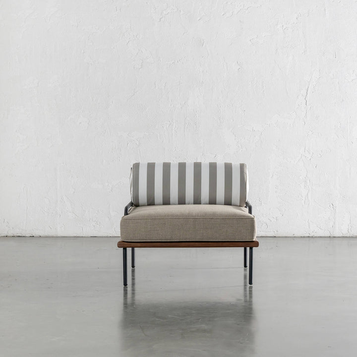 SAN ANDREAS OUTDOOR ARMCHAIR  |  BALSA STONE + WHITE SEASIDE STRIPE