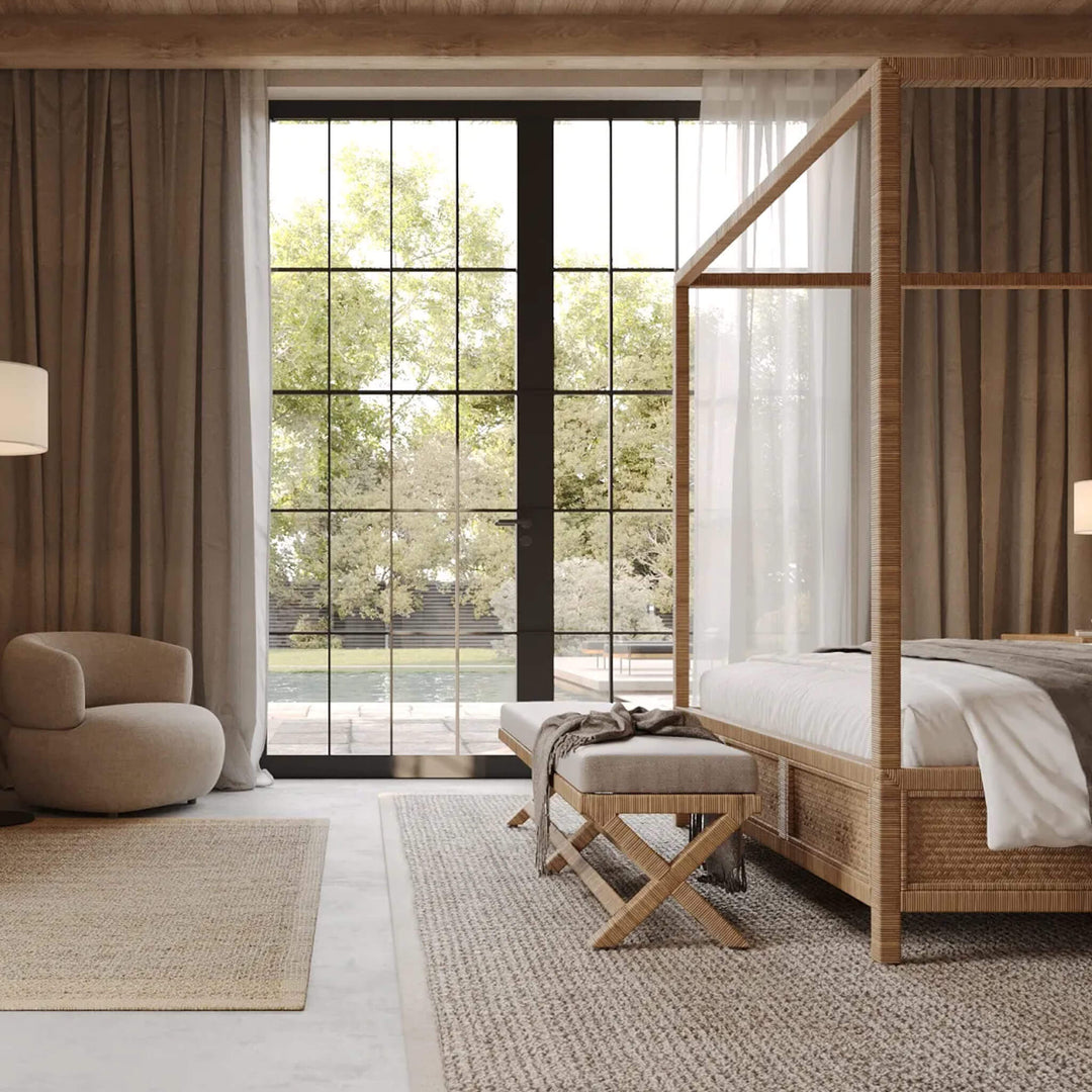 SAN_AUGUSTINE_RATTAN_HERRING_WEAVE___4_POSTER_BED___NATURAL_RATTAN_BENCH_CARSON_ROUNDED_ARMCHAIR