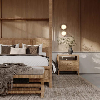 SAN_AUGUSTINE_RATTAN_HERRING_WEAVE___NIGHTSTAND_DOUBLE_DRAWER___NATURAL_RATTAN_4_POSTED_BED_CROSS_LEG_BENCH