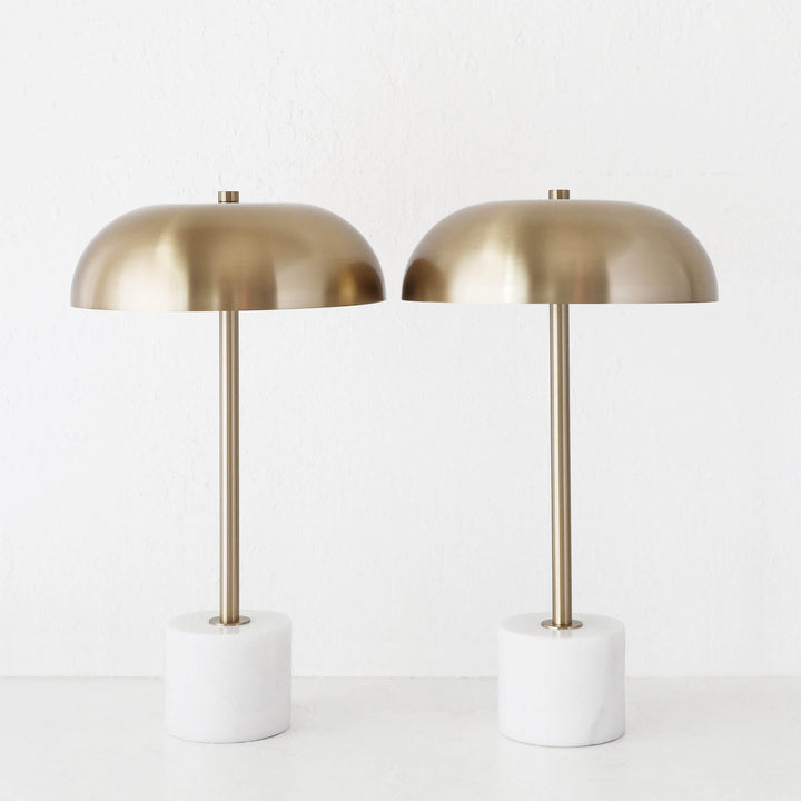 SAN LOURENCA MARBLE TABLE LAMP BUNDLE X2  |  ANTIQUE BRASS SHADE + WHITE MARBLE