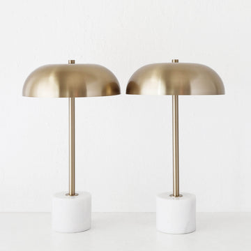 SAN LOURENCA MARBLE TABLE LAMP BUNDLE X2  |  ANTIQUE BRASS SHADE + WHITE MARBLE