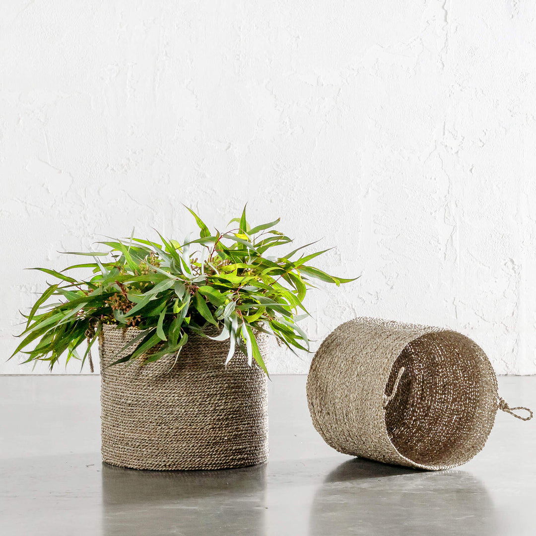 SEAGRASS BASKET WITH ROPE TWIST HANDLE BUNDLE X2  |  M + L  |  NATURAL