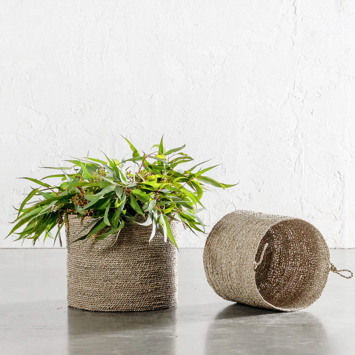 SEAGRASS BASKET WITH ROPE TWIST HANDLE BUNDLE X2  |  M + L  |  NATURAL