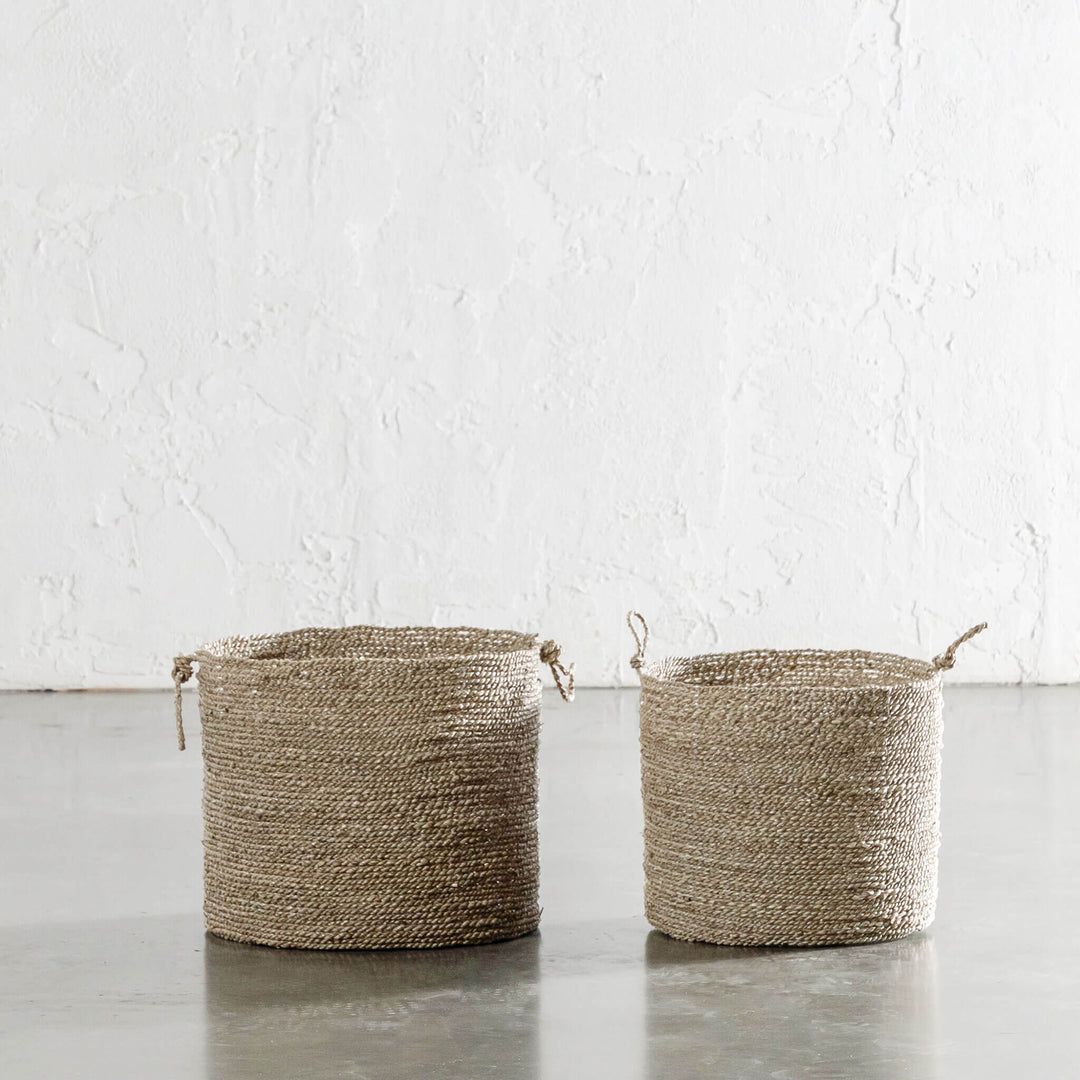 SEAGRASS BASKET WITH ROPE TWIST HANDLE BUNDLE X2  |  M + L  |  NATURAL