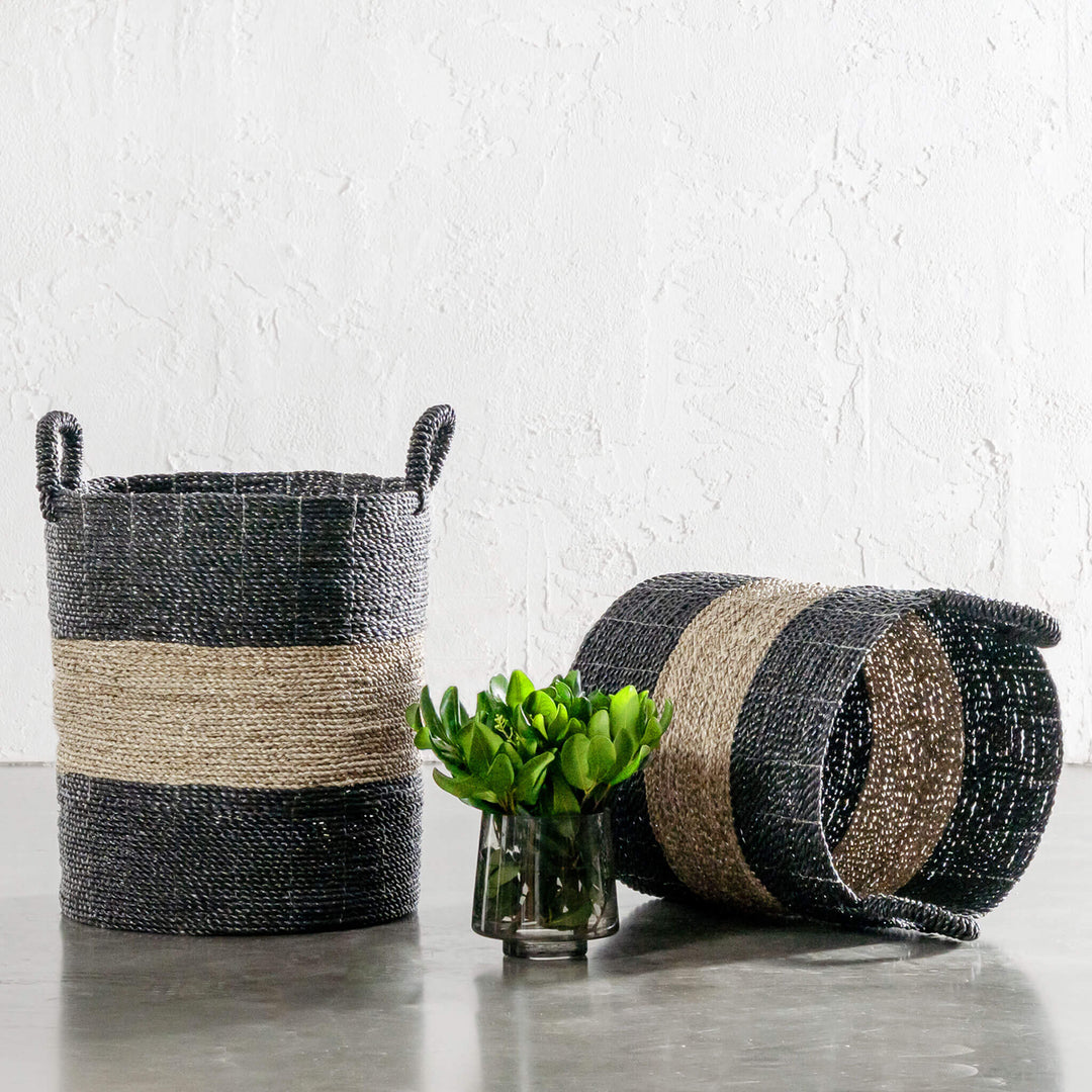 SEAGRASS STORAGE BASKET BUNDLE X2  |  M + L  |  BLACK + NATURAL CENTRE STRIPE