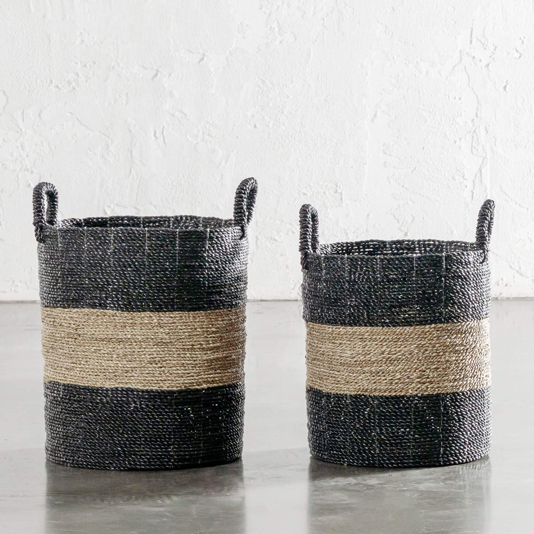 SEAGRASS STORAGE BASKET BUNDLE X2  |  M + L  |  BLACK + NATURAL CENTRE STRIPE