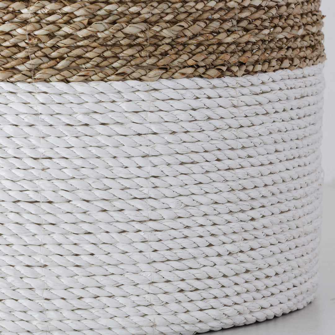 SEAGRASS STORAGE BASKET BUNDLE X2  |  M + L  |  WHITE + NATURAL CENTRE STRIPE