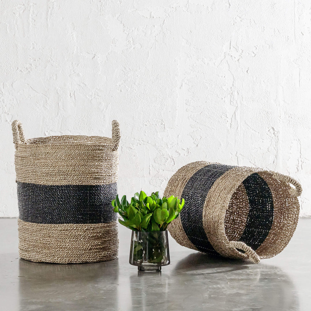 SEAGRASS STORAGE BASKET BUNDLE X2  |  M + L  |  NATURAL + BLACK CENTRE STRIPE