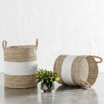 SEAGRASS STORAGE BASKET BUNDLE X2  |  M + L  |  NATURAL + WHITE CENTRE STRIPE