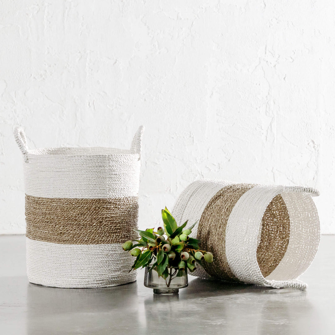 SEAGRASS STORAGE BASKET BUNDLE X2  |  M + L  |  WHITE + NATURAL CENTRE STRIPE