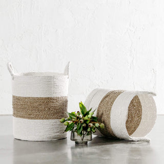 SEAGRASS STORAGE BASKET BUNDLE X2  |  M + L  |  WHITE + NATURAL CENTRE STRIPE