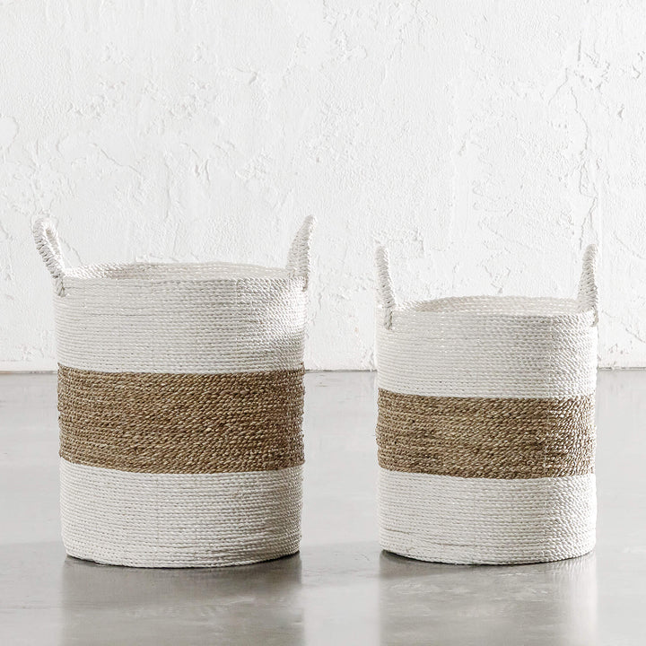 SEAGRASS STORAGE BASKET BUNDLE X2  |  M + L  |  WHITE + NATURAL CENTRE STRIPE