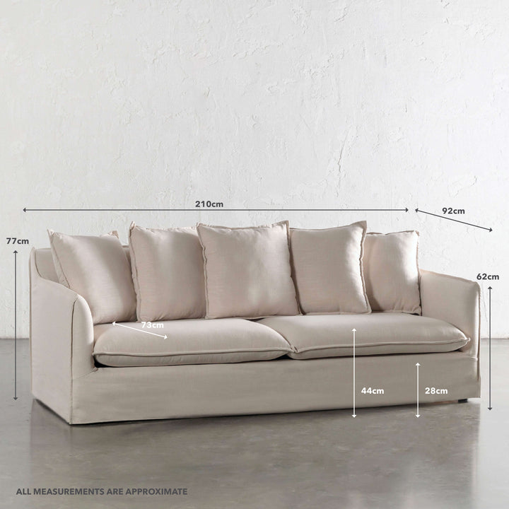 SEVILLA 3 SEATER SLIP COVER SOFA  |  LINEN OATMEAL MIST | MEASUREMENTS