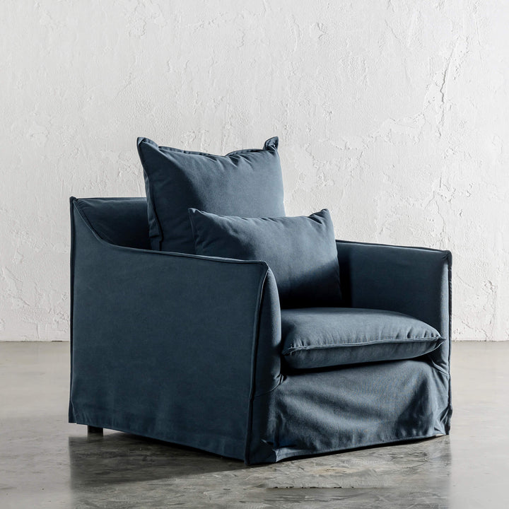 SEVILLA SLIPCOVER ARM CHAIR ANGLED   |  MIDNIGHT DENIM