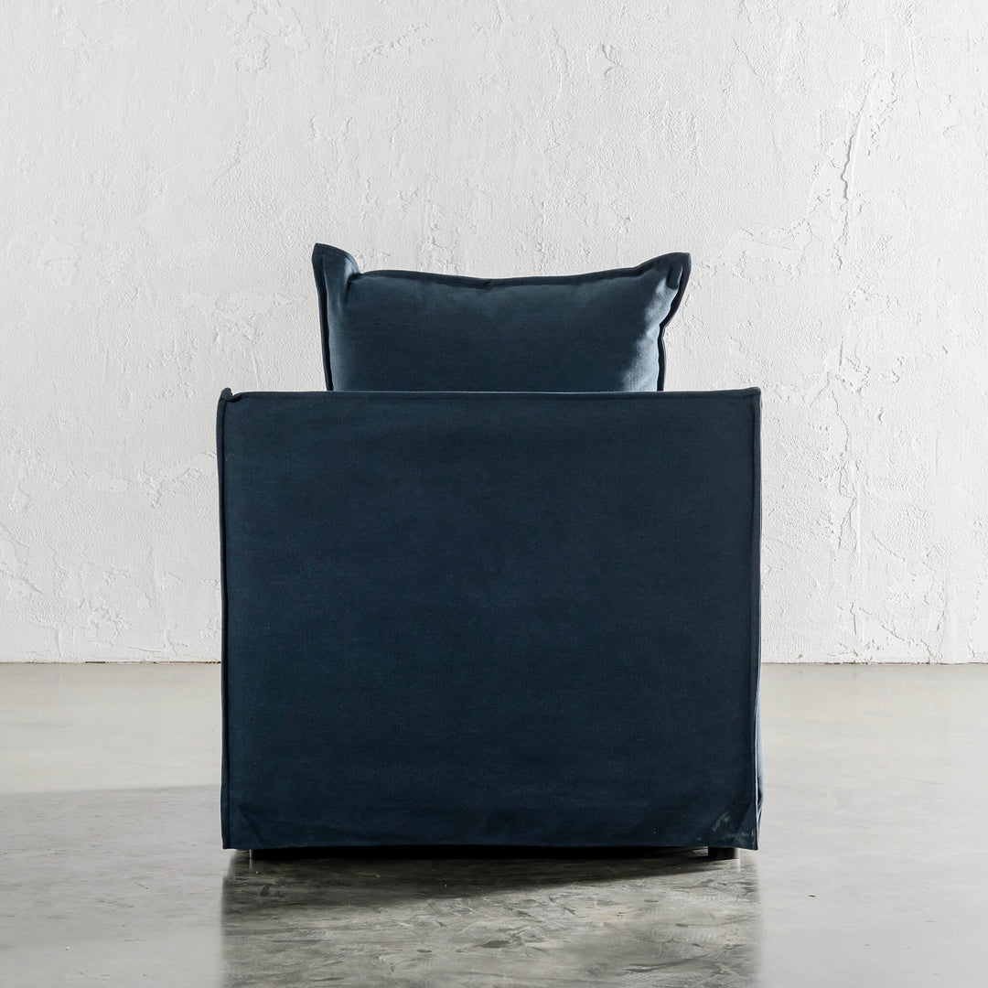 SEVILLA SLIPCOVER ARM CHAIR BACK VIEW   |  MIDNIGHT DENIM