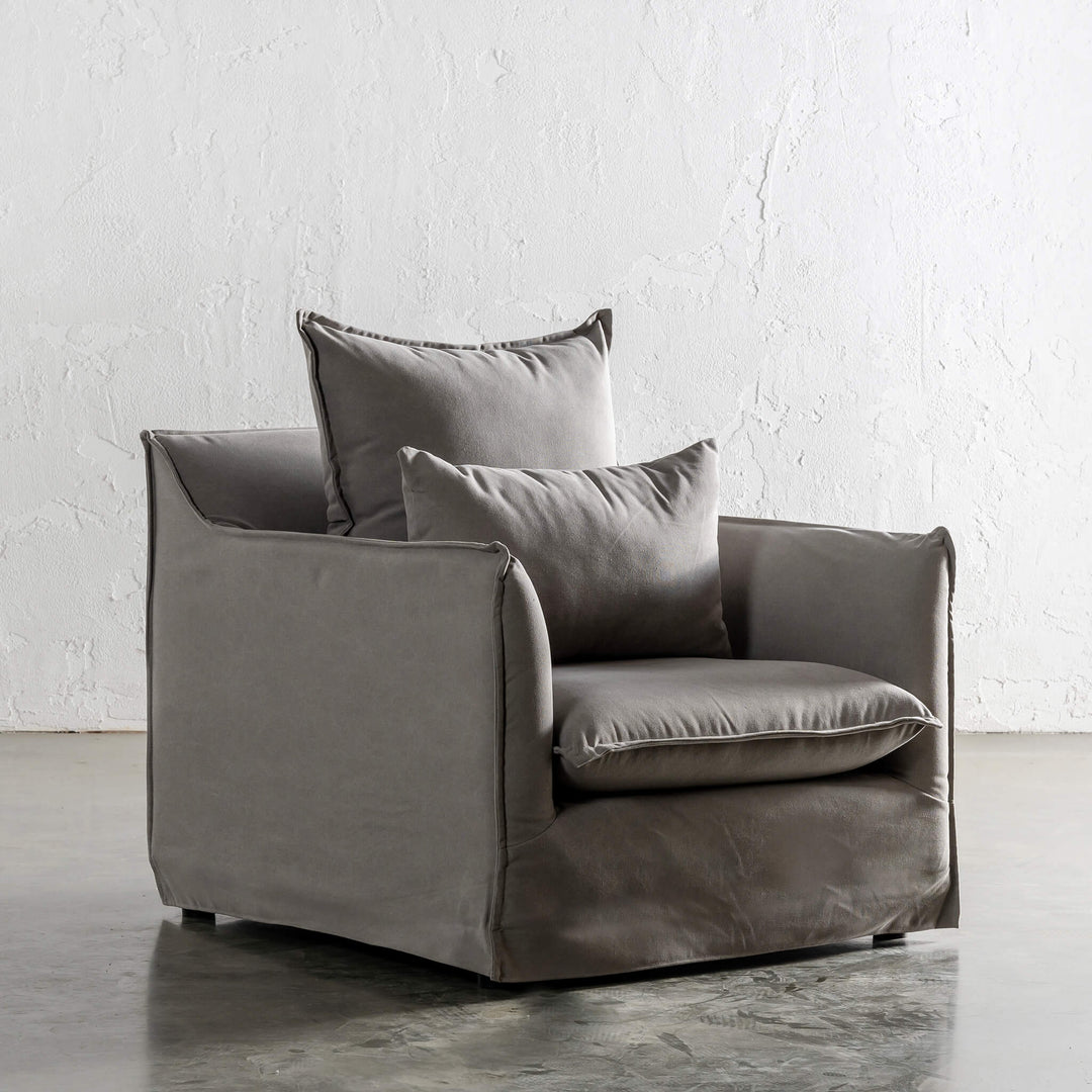 SEVILLA SLIP COVER ARM CHAIR ANGLED   |  OYSTER LINEN