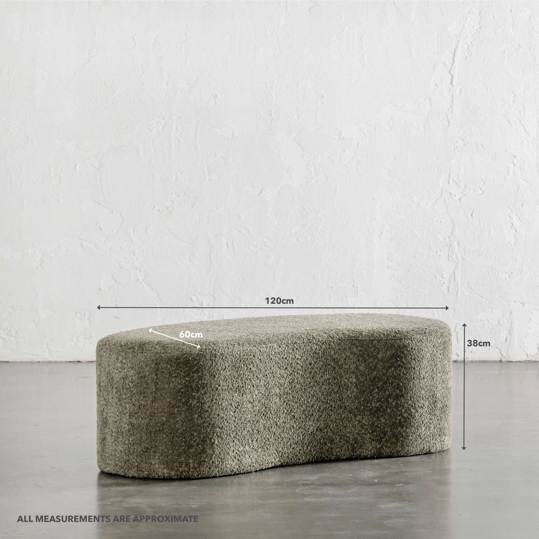 SEVILLA ORGANIC BEAN OTTOMAN BENCH  |  MANGROVE OLIVE BOUCLE  |  120CM | MEASUREMENTS
