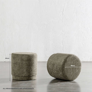 SEVILLA ORGANIC ROUND OTTOMAN  |  MANGROVE OLIVE BOUCLE | MEASUREMENTS