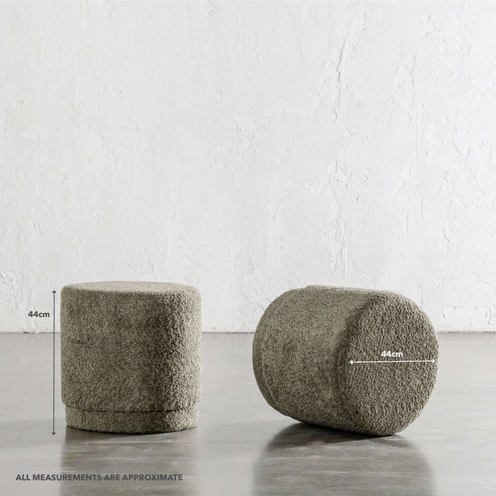 SEVILLA ORGANIC ROUND OTTOMAN  |  MANGROVE OLIVE BOUCLE | MEASUREMENTS