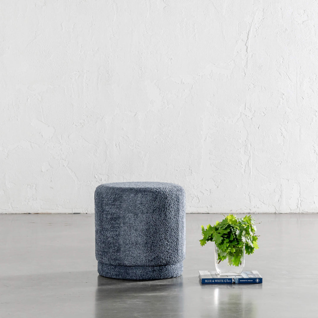 Sevilla Organic Round Ottoman  |  Reef Navy Boucle