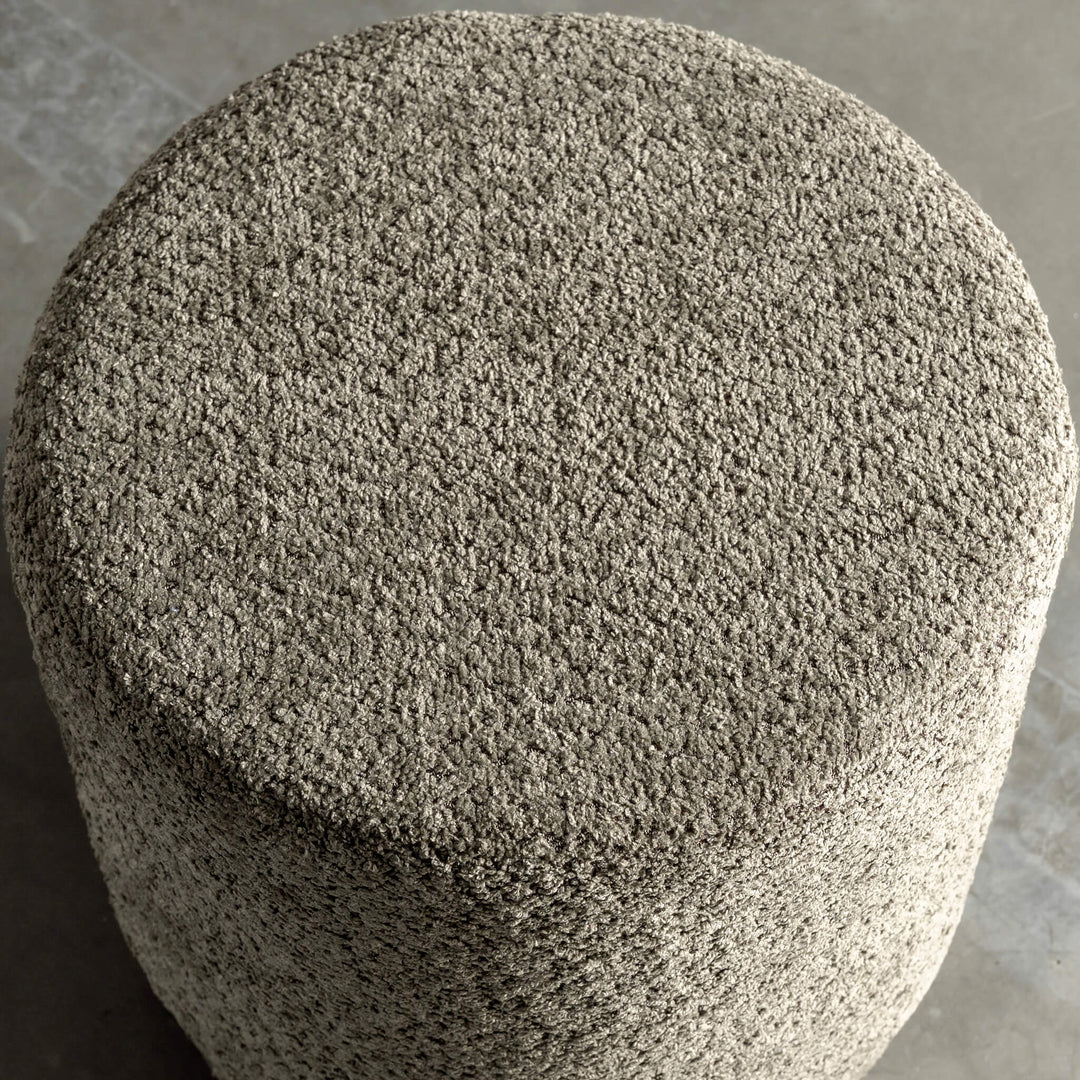 SEVILLA ORGANIC ROUND OTTOMAN  |  MANGROVE OLIVE BOUCLE CLOSEUP