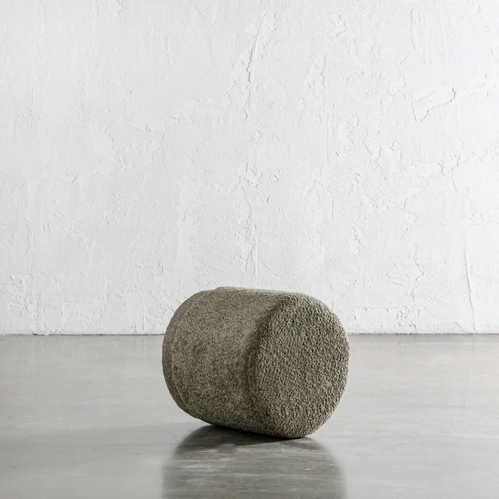 SEVILLA ORGANIC ROUND OTTOMAN  |  MANGROVE OLIVE BOUCLE