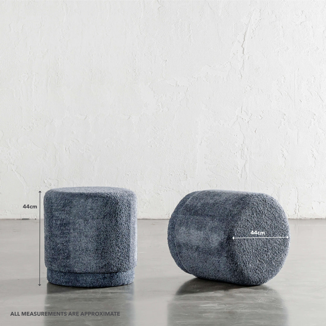 SEVILLA ORGANIC ROUND OTTOMAN  |  REEF NAVY BOUCLE | MEASUREMENTS