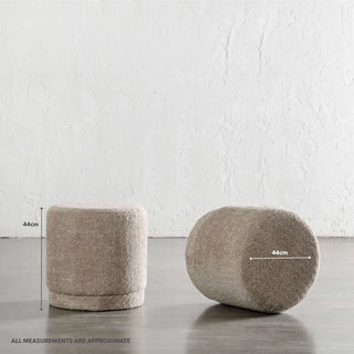 SEVILLA ORGANIC ROUND OTTOMAN  |  SAHARA DUNE BOUCLE | MEASUREMENTS