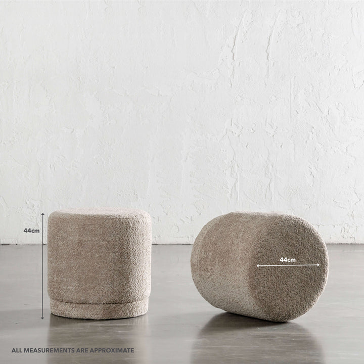 SEVILLA ORGANIC ROUND OTTOMAN  |  SAHARA DUNE BOUCLE | MEASUREMENTS