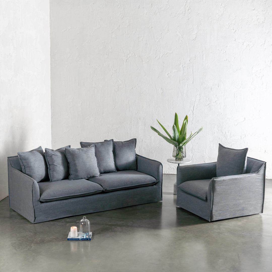 SEVILLA 3 SEATER SLIP COVER SOFA + ARMCHAIR  |  INDIGO HAZE