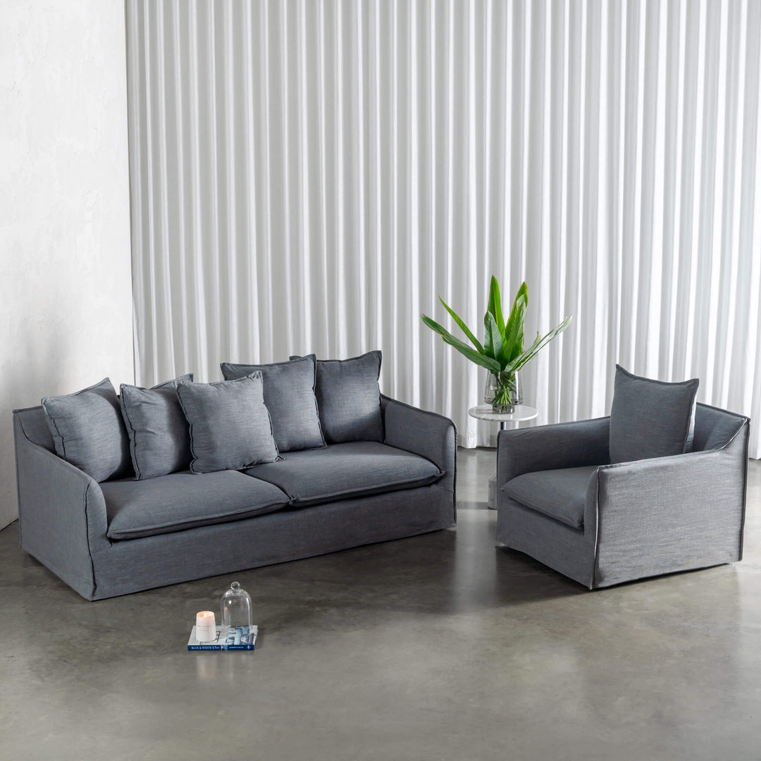 SEVILLA 3 SEATER SLIP COVER SOFA + ARMCHAIR  |  INDIGO HAZE