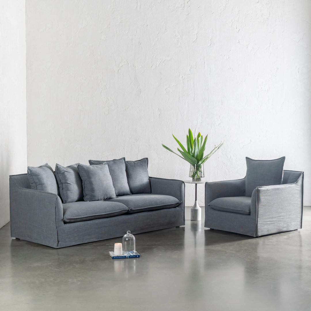 SEVILLA 3 SEATER SLIP COVER SOFA + ARMCHAIR  |  INDIGO HAZE
