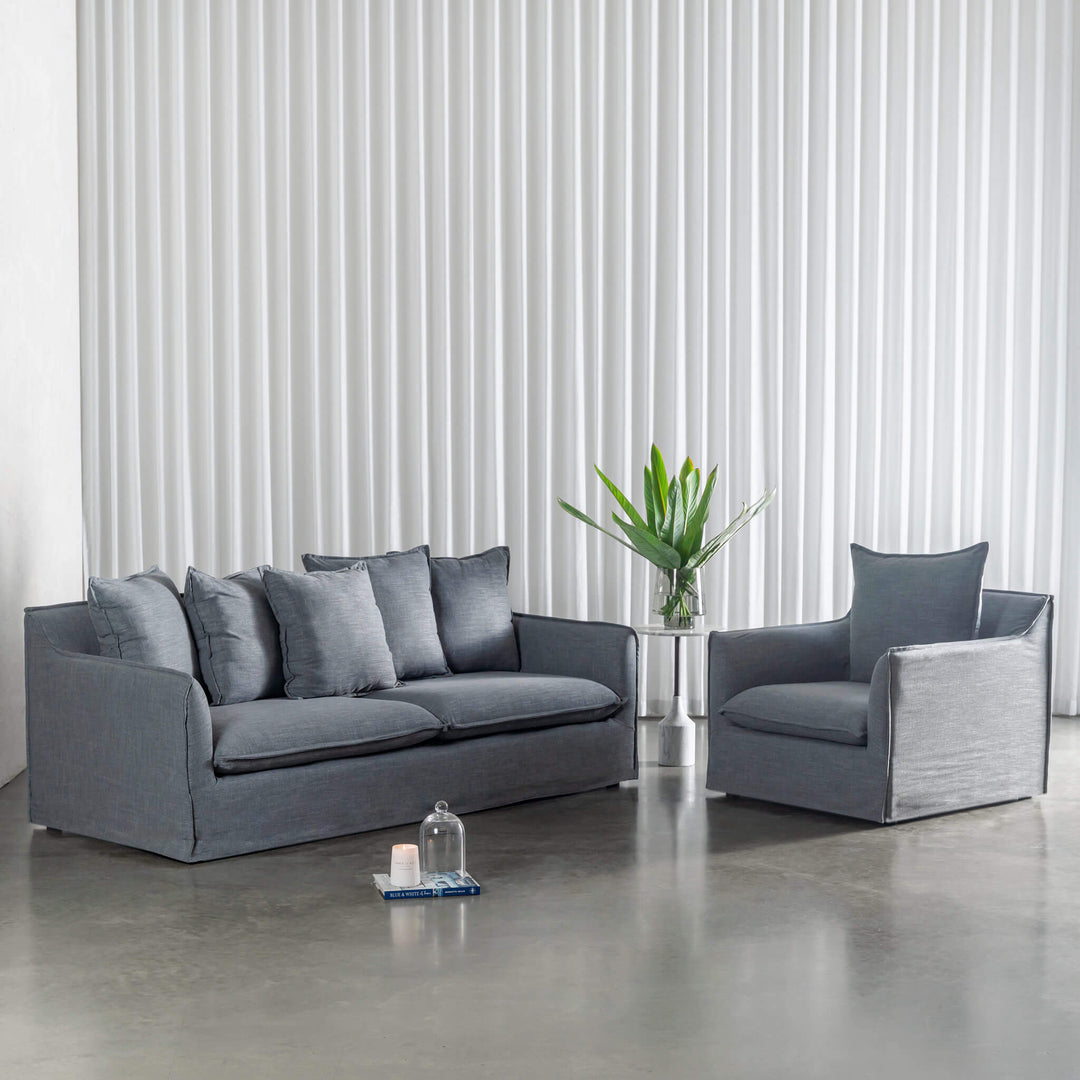 SEVILLA 3 SEATER SLIP COVER SOFA + ARMCHAIR  |  INDIGO HAZE